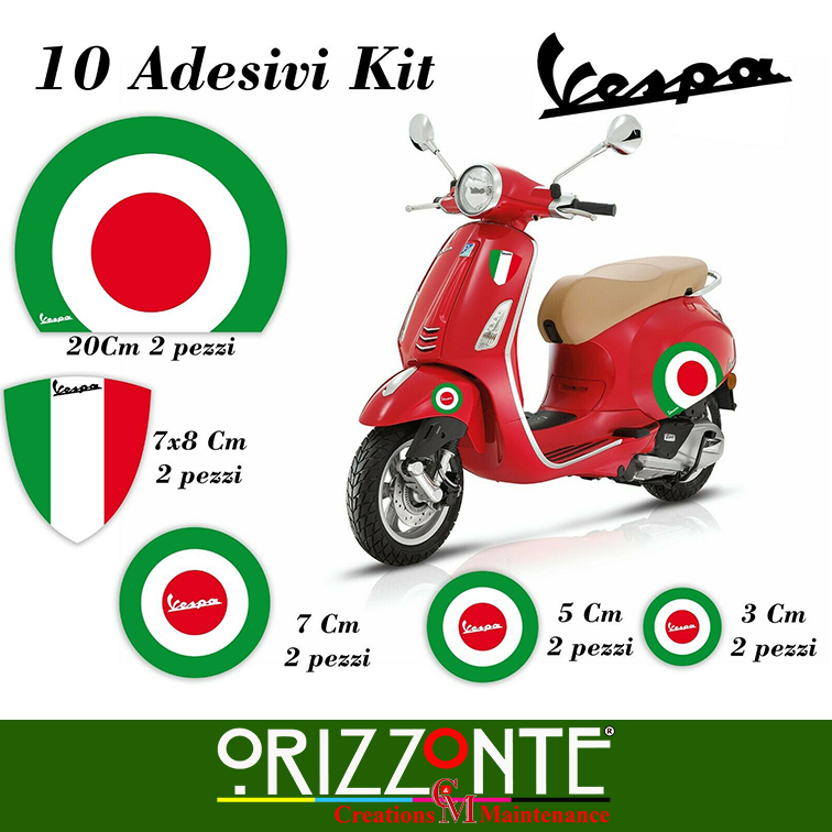 Adesivi moto vespa piaggio kit 10 pz bandiera italiana cerchi e casco decal  A22 - Orizzonte CM Print