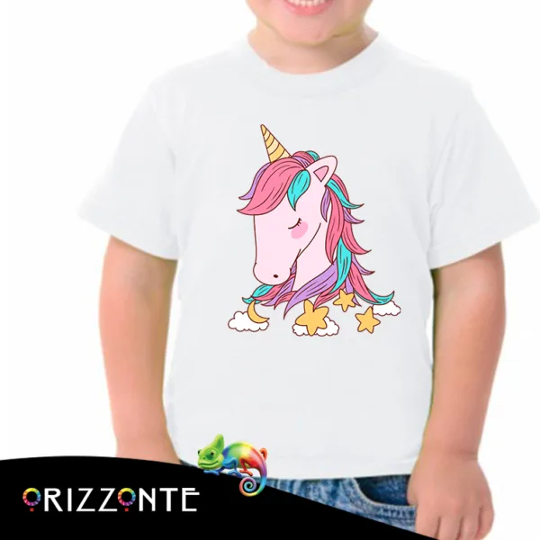 T-Shirt da bambina in cotone mezza manica personalizzata Unicorno
