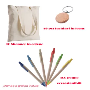 Shopper in cotone personalizzabili più portachiavi e penne grafica inclusa