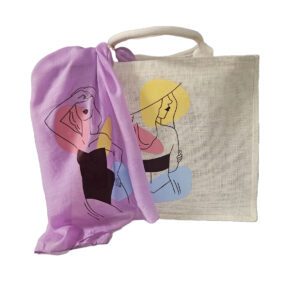 Borsa in iuta bianca con manici larghi e foulard abbinati idea regalo