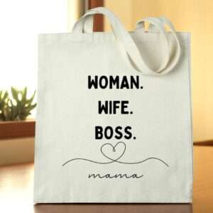 Shopper in cotone naturale personalizzata con frase woman wife boss mama con cuore - immagine 2