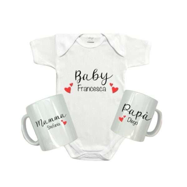 Tris famiglia coordinato tazze personalizzate mamma e papà con nome e body neonato